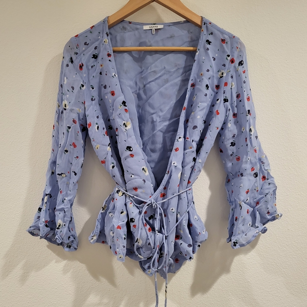 Ganni Light Blue Floral Tie-Waist Wrap Top